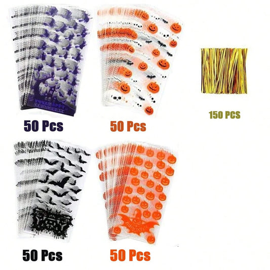 US Local 200 Pcs Halloween Gift Wrapping Bags With Twist Ties 5.1 X 10.8 Inch Cellophane Witch Bat Printing Flat Bag OPP Halloween Pumpkin Treat Packaging Bags For Party Favors Halloween Decoration