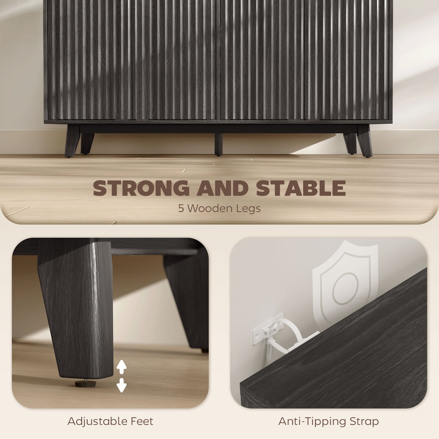 US Local Fluted Sideboard Buffet Cabinet, 55 Coffee Bar Cabinet With 4 Doors, 2 Adjustable Shelves, 5 Wood Legs, Dark Gray