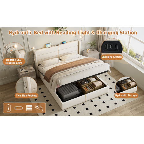 UK Local King Upholstered Bed With Charging Station, Linen Hydraulic Storage Bed With Adjustable LED Reading Light, 5ft Double Bed Frame With USB And Type C Ports, No Box Spring Needed, Beige