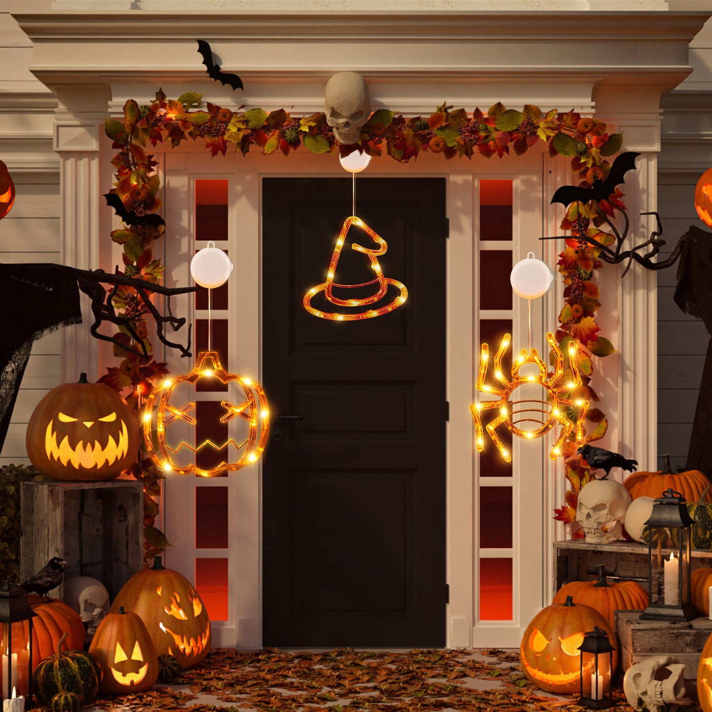 US Local Set Of 3 Pack Halloween Window Light Spider Witch Hat Pumpkin With Orange Light Hanging Halloween Decoration Light With Suction Cup Hanging Holes