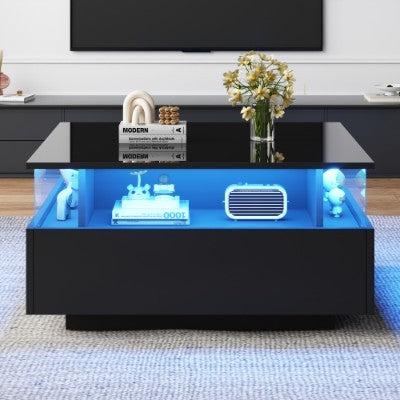 UK Local Coffee Table With Storage For Living Room, Modern LED Coffee Table, Square Tea Table With 2 Sliding Drawers Wood Center Table Acrylic Glass Coffee Table