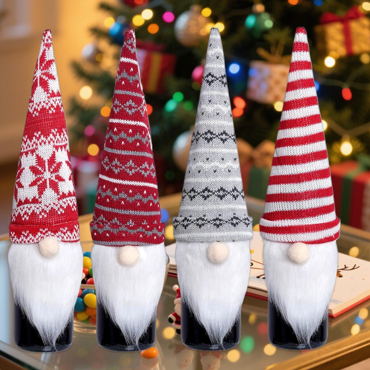 US Local 4 Pcs Christmas Wine Bottle Covers Reusable Knitted Gnomes Wine Bottle Toppers Xmas Party Handmade Tomte Swedish Gnomes Wine Decoration For Holiday New Year Dining Table Decor Party Gift