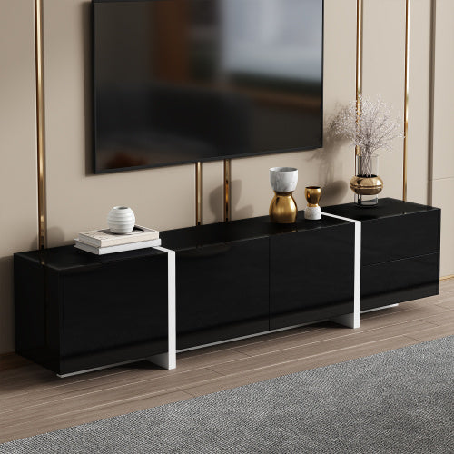 UK Local TV Cabinet, Black High-gloss Cabinet And White Contrasting Table Legs, With Simple Cabinet Doors And Drawers.