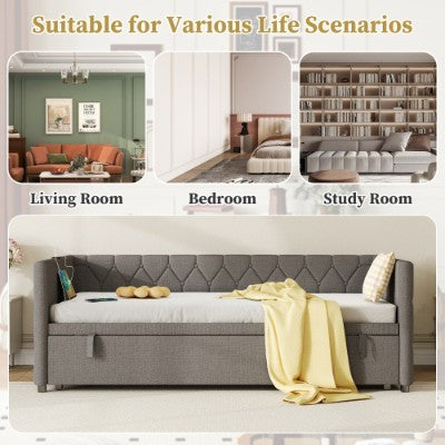 UK Local Upholstered Daybed, Sofa Bed With Charging Station, 3ft Single Button-tufted Bed With USB And Type - C Ports, Pull Out Trundle Bed For Living Room Bedroom Study Room, Linen, Grey No Mattress