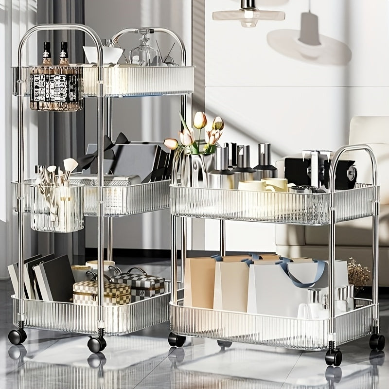 US Local Modern Storage Three-Tier Acrylic Cosmetic Cart With Wheels - Transparent Bathroom And Living Room Storage, Portable Cosmetic Storage Box