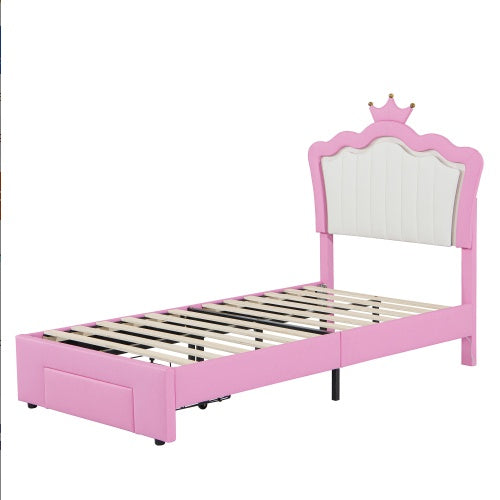 US Local Twin Size Upholstered Bed Frame With LED Lights, Modern Upholstered Princess Bed With Crown Headboard, A Drawer