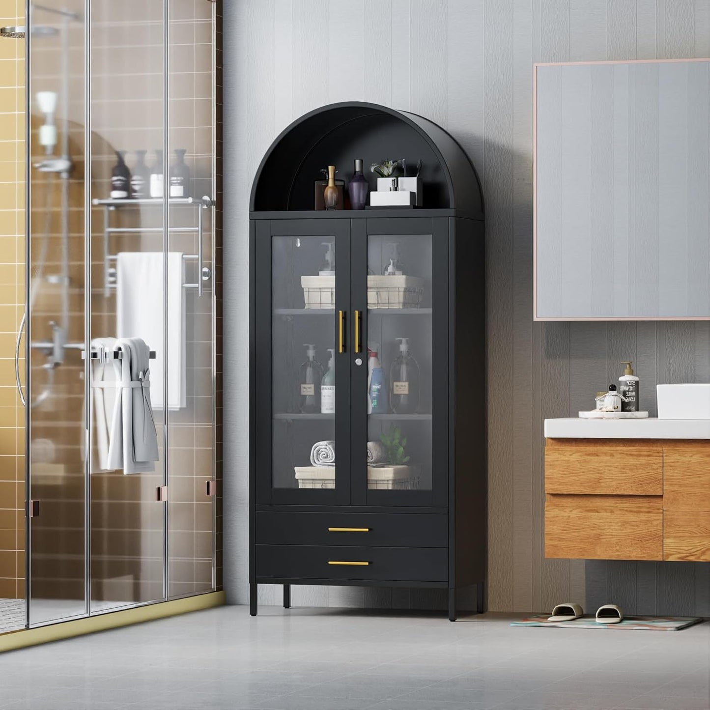 US Local 73 In Tall Metal Arched Cabinet, Kitchen Pantry Cabinet With Glass Doors, Modern Farmhouse Arched Bookcase With 2 Drawers And 2 Adjustable Shelves For Living Room, Black, Assembly Required