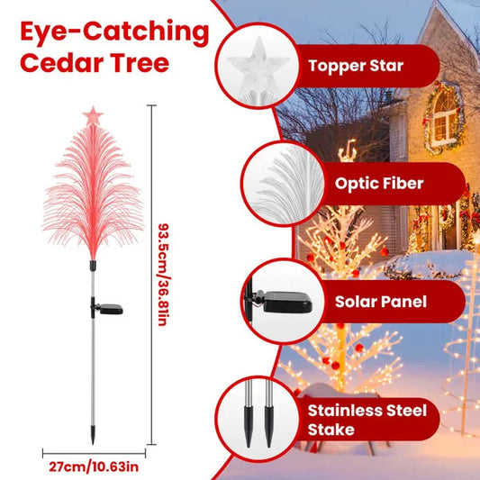 US Local 7-Color Solar Christmas Tree Stake Lights 4 Pack, Lifelike Fiber Optic Cedar Design With Star, IP44 Waterproof Outdoor Decor For Yard Lawn Patio For Holiday Yard Walkway Garden Path Decor