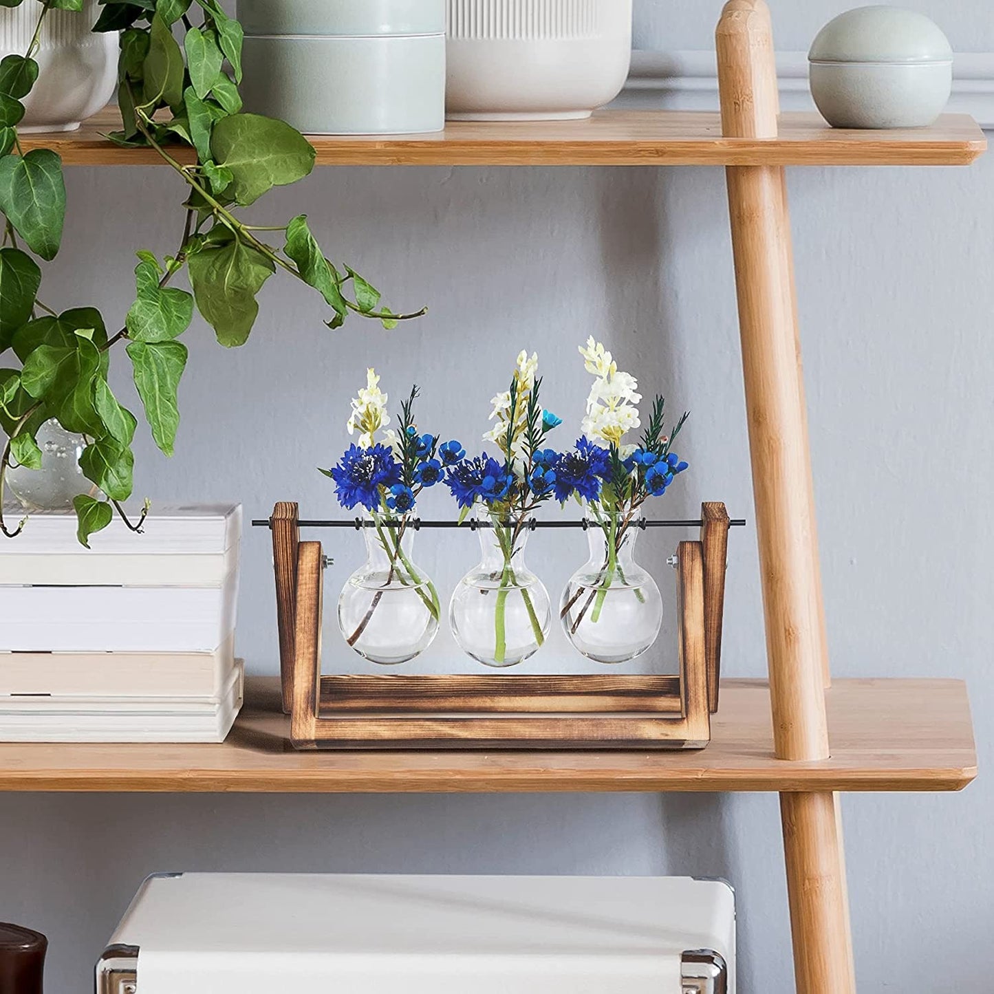 1Pc Desktop Glass Planter Bulb Plant Terrarium With Wooden Stand Air Planter Glass Vase Metal Swivel Plant Vase For Hydroponics