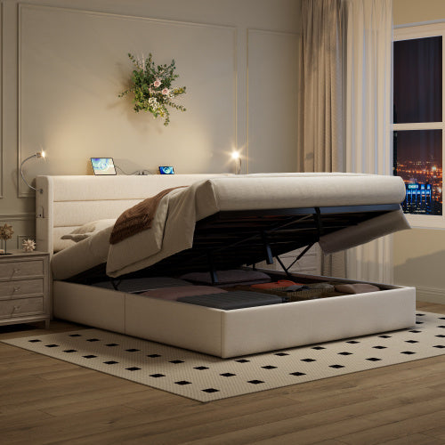 UK Local Double Upholstered Bed With Charging Station, Linen Hydraulic Storage Bed With Adjustable LED Reading Light, 4ft6 Double Bed Frame With USB And Type - C Ports, No Box Spring Needed, Beige