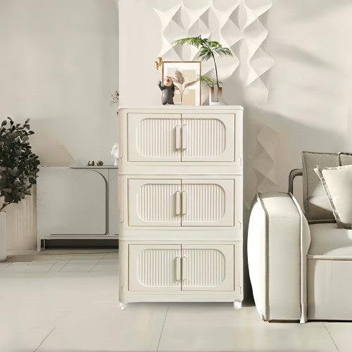 US Local Cream White 19.69 Side Wide Folding Storage Cabinet ,3 Tiers,19.69x11.81x31.1,Collapsible Storage Bins With Magnetic Door, Plastic Storage Cabinet With Wheels