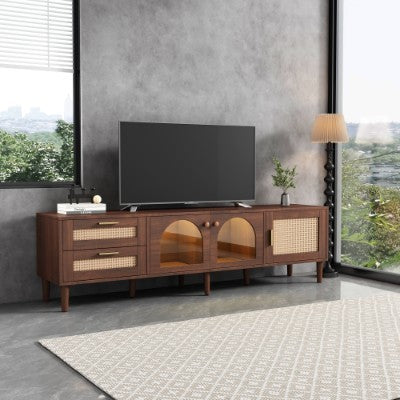 UK Local 180 Cm Brown TV Cabinet For 80-inch TV - With 2 Rattan Drawers, 2 Curved Glass Doors And 1 Rattan Door, LED Lighting, Offers Stylish Storage, TV Board