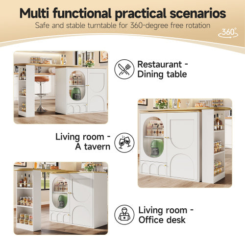 UK Local 360 Rotating Bar Table Body 138 X 39 X 105 Cm, Coffee Bar Furniture, Rotating Dining Table With Storage Space, Kitchen Island, Two Doors With Shelves, Sideboard, Buffet, White
