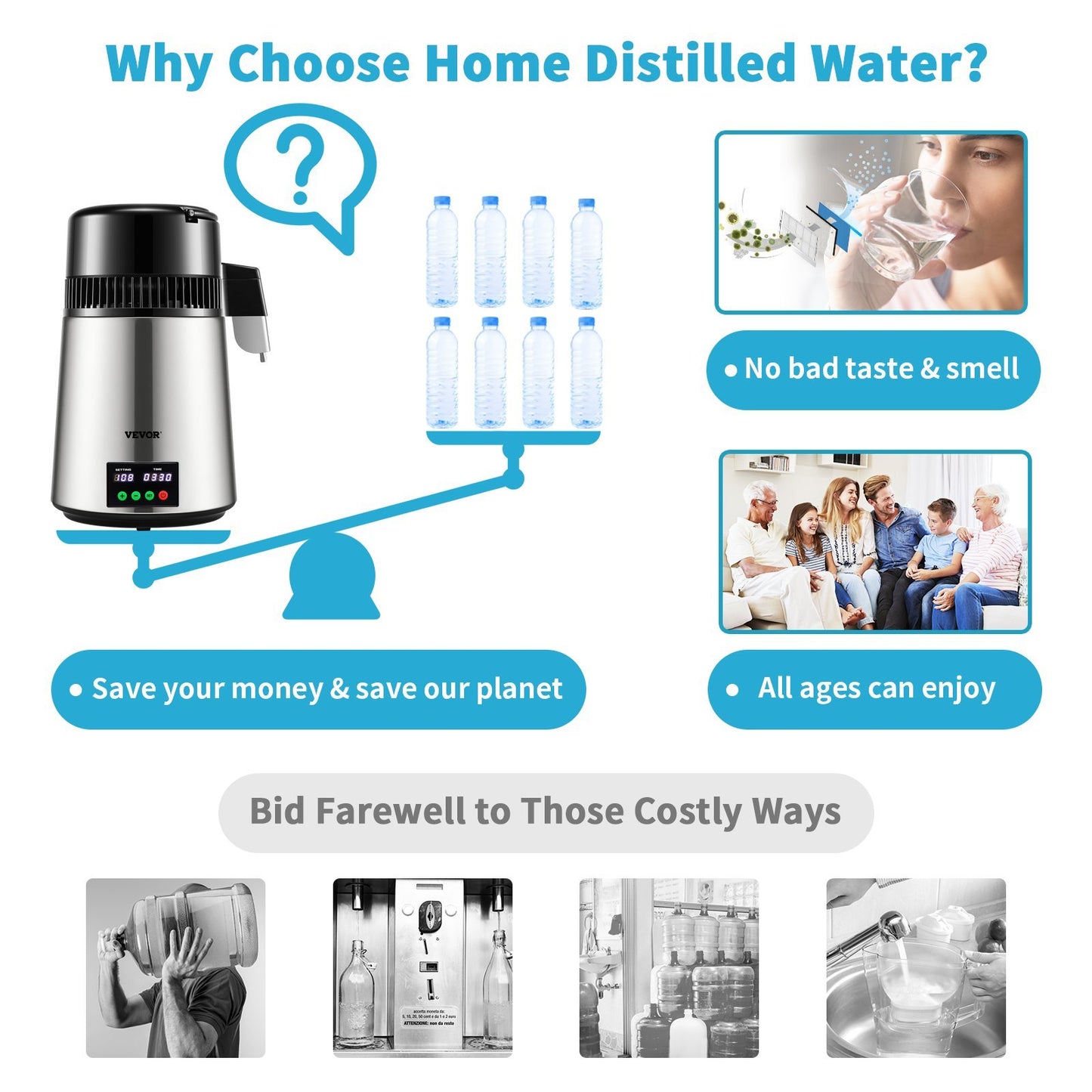 US Local 1.1 Gal Water Distiller, 0.3 Gal H, 750W Distilled Water Maker Machine 0-99H Timing Set Temp Display, 304 Stainless Steel Countertop Distiller Glass Carafe Cleaning Powder 3 Carbon Packs, Silver