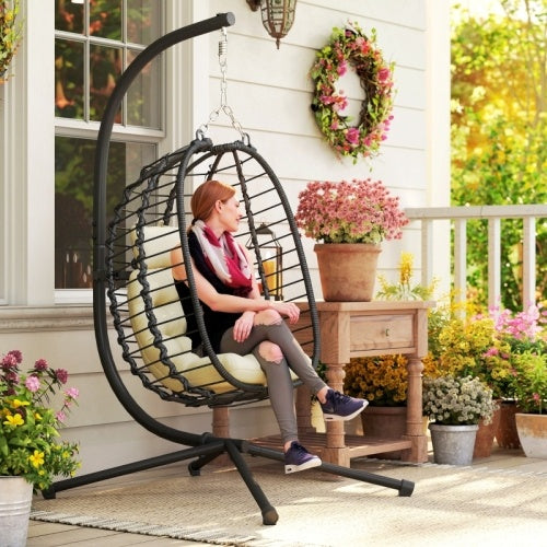 UK Local Outsunny Rattan Hanging Egg Chair, Foldable Wicker Hammock Swing Chair With Cushion, Stand, Adjustable Height, Head Pillow, Steel Frame For Garden Patio Indoor Outdoor, Cream White