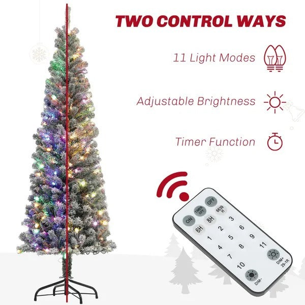 CA Local 6 ft Prelit Pencil Artificial Christmas Tree, Flocked Xmas Tree With Remote, Dual Colour LEDs, 429 Tips, Metal Stand