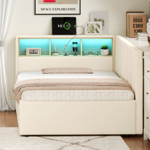 UK Local 3ft Single Daybed With Two Storage Drawers, LED Modern Bed Frame With Charging Station, Linen Sofa Bed For Living Room Bedroom Study Room, 90X190cm, Easy Assembly, Beige
