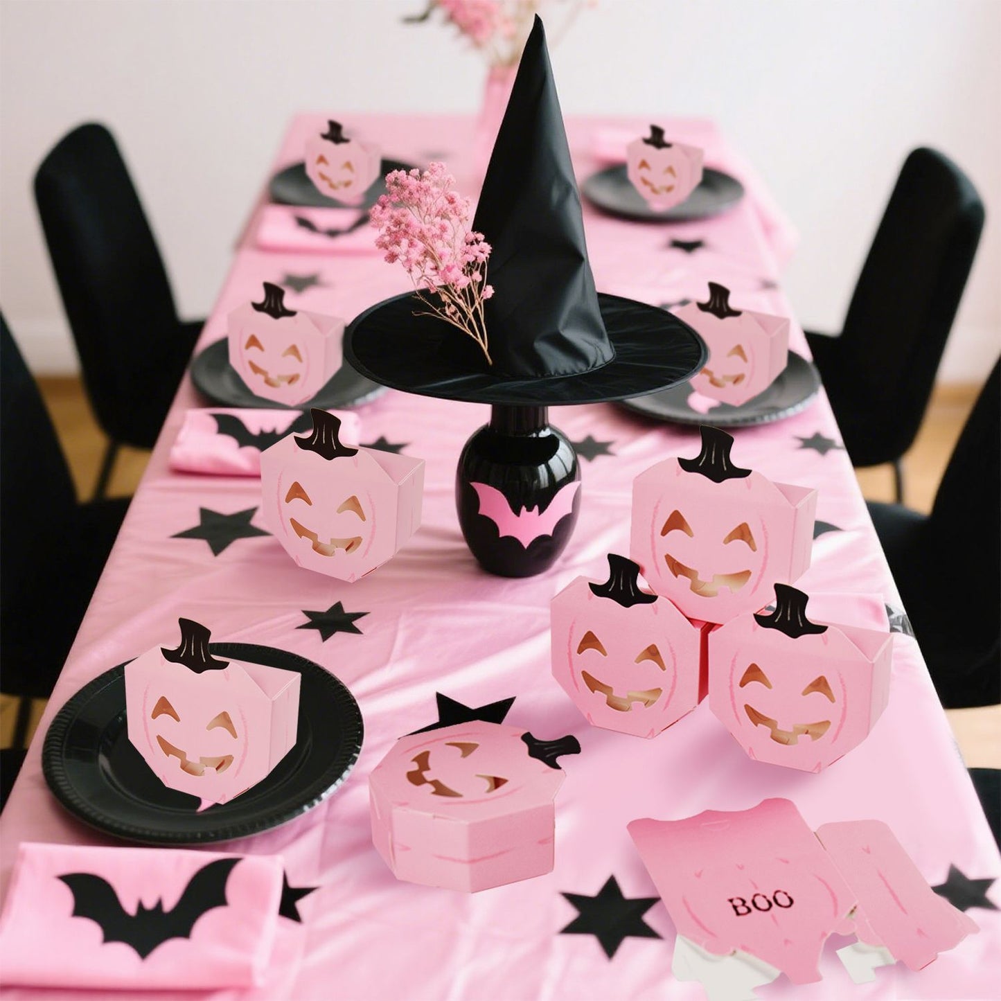 10Pcs Halloween Pink Pumpkin Gift Boxes Unique Candy Boxes With Hollow Scary Smiley Face Window Trick Or Treat Candy Goodie Bags For Halloween Birthday Party Haunted House Table Decoration
