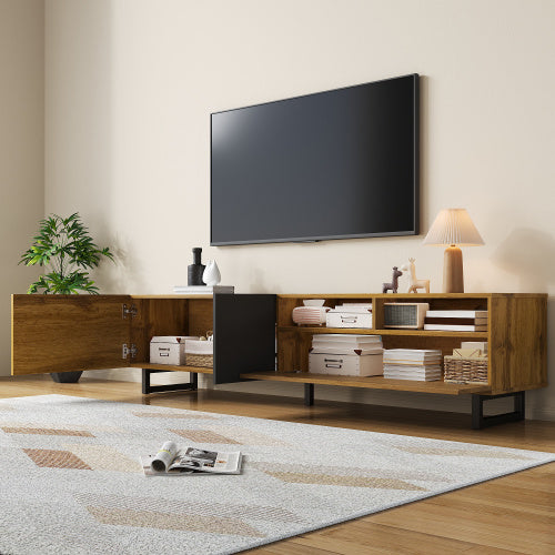 UK Local Colorblock TV Cabinet, Simple Contrasting Color Design, Three Doors And Two Compartments, U-Shaped Metal Legs, Retro Wood Grain