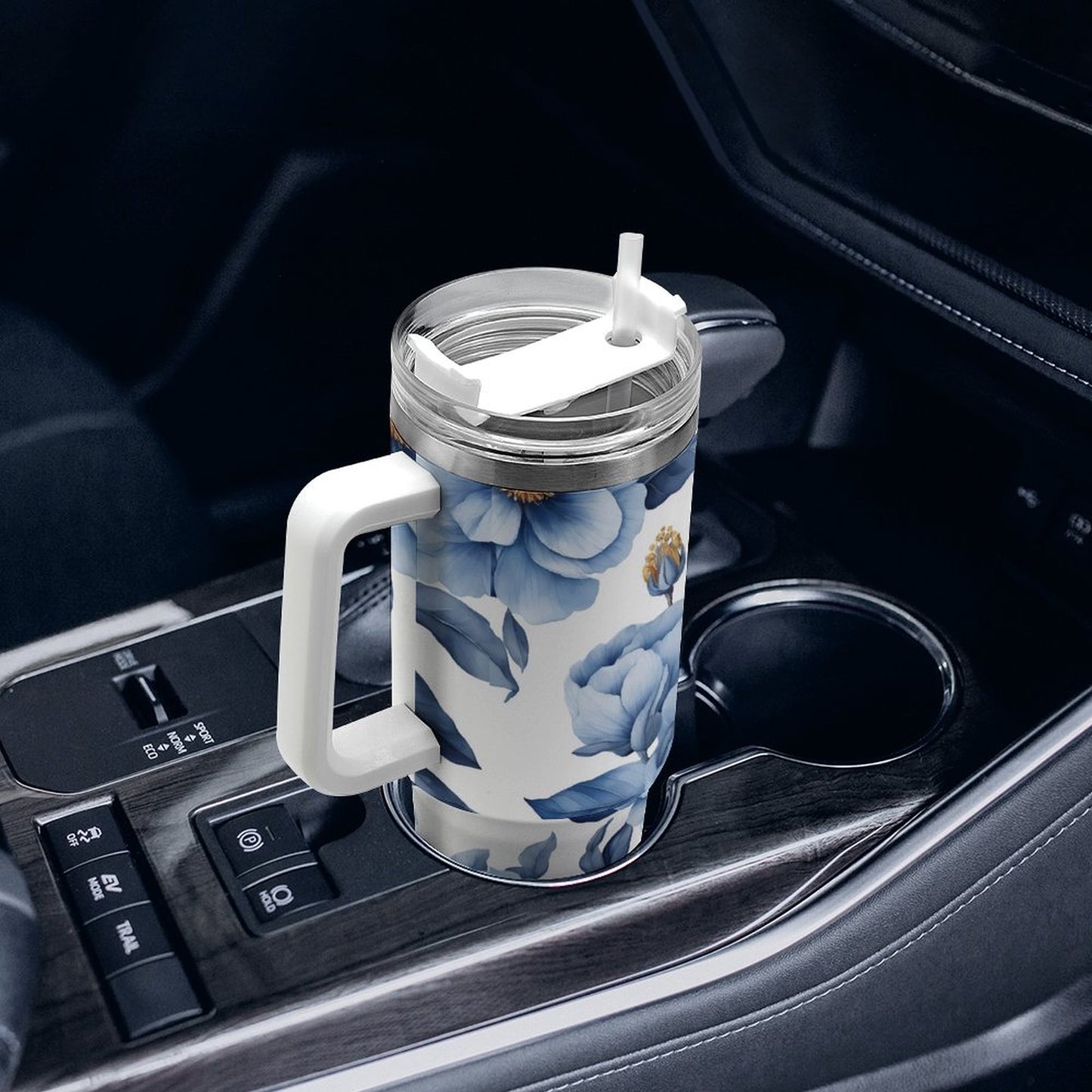 PHDT00034 POD US Local Tumbler 40 oz Large Capacity Car Cup Blue, Flowers, Leaves