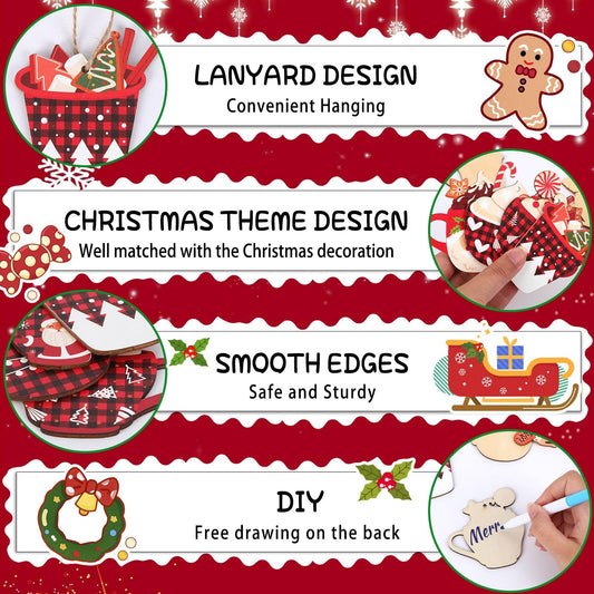 US Local 50 Pieces Christmas Wooden Ornaments Hot Cocoa Blanks Pendants Unfinished Predrilled Wood Buffalo Plaid Coffee Mug Slices Hanging For Xmas Festivals DIY Crafts Decoration, 10 Styles