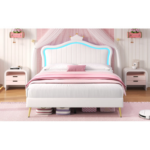 UK Local 4ft6 Double Upholstered Bed With LED Adjustable Crown Shape Headboard, PU Leather Bed Frame With Solid Wood Slat, No Box Spring Needed, Easy Assembly, Cream White No Mattress