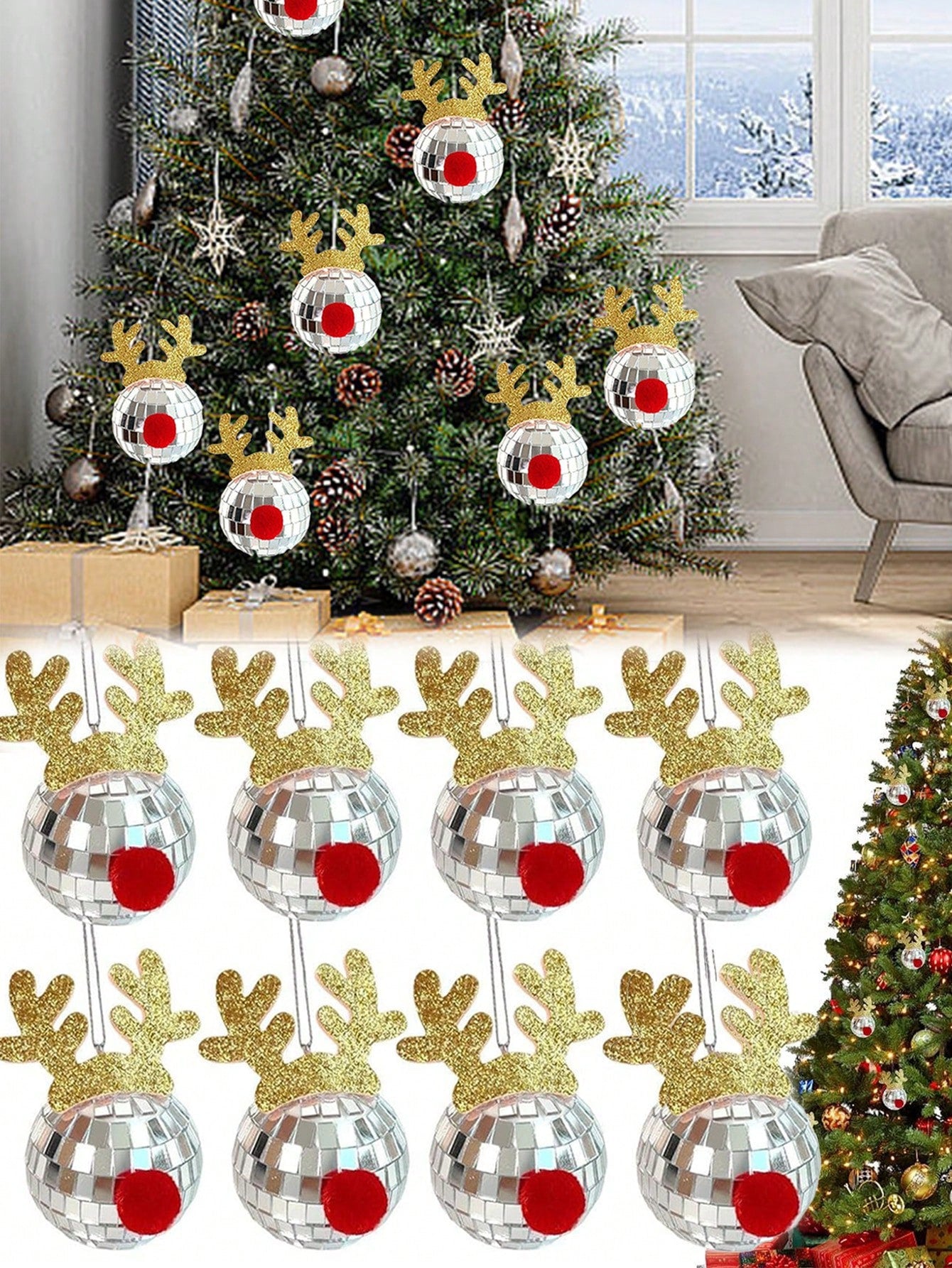 US Local 5 Pcs Disco Mirror Christmas Ball Pendants With Elk Antlers Cute Disco Ball Accessories Car Disco Mirrors Deer Antler Ornament Halloween Props For Xmas Trees Garlands Music Festival Birthday Party Dec