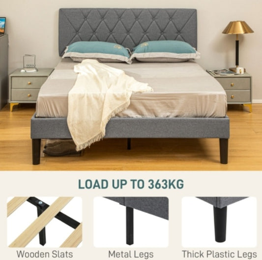 UK Local HOMCOM King Size Padded Fabric Headboard Bed Frame - Grey