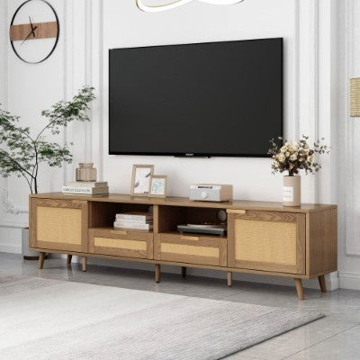 UK Local TV Console Table, Up To 90 Inches TV, TV Cabinet With Plastic Rattan Design, TV Cabinet With Solid Wooden Feet, Braided Rattan TV Boards