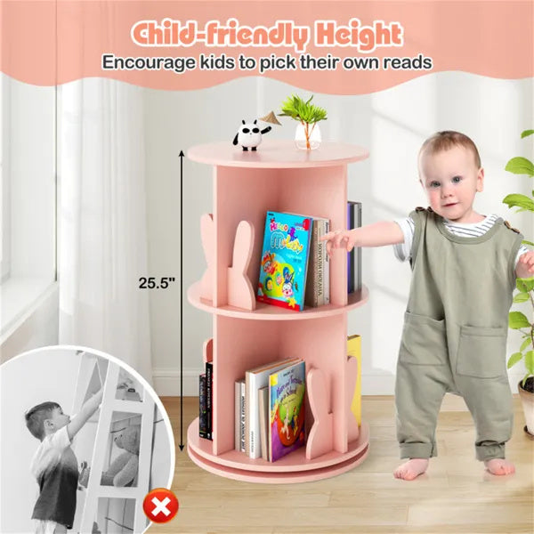 US Local 2-Tier Kids Rotating Bookshelf - Display For Books Toys, Bunny Baffles Child-Friendly Height, 22 Lbs Net Weight