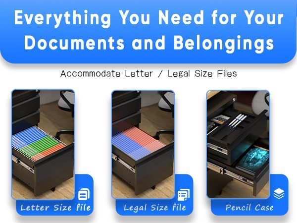 US Local 3 Drawer Mobile File Cabinet, Fully Assembled Office File Cabinets,Letter Legal A4 Size Drawer,Black