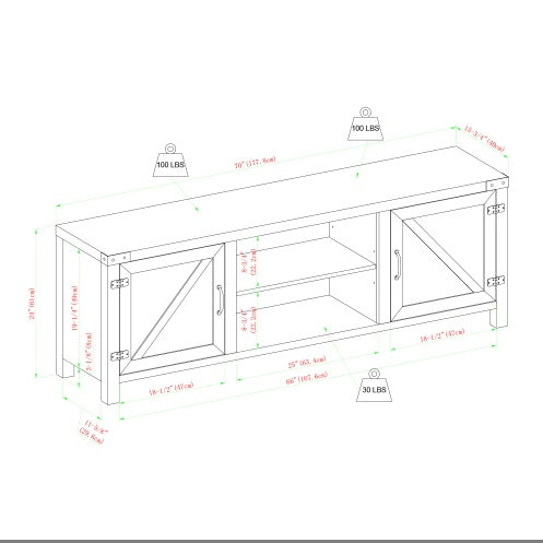 US Local Rustic Farmhouse Double Barn Door TV Stand For TVs With Center Shelves - Rustic Oak