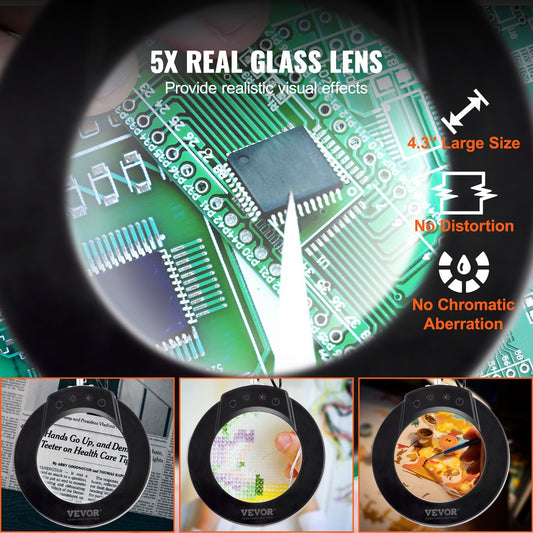 US Local VEVOR Magnifying Glass With Light And Stand, 5X Magnifying Lamp, Glass Lens, Base And Clamp 2-in-1 Desk Magnifier With Light, 64 LED Lights 5 Color Modes, For Close Work Reading Repair Crafts