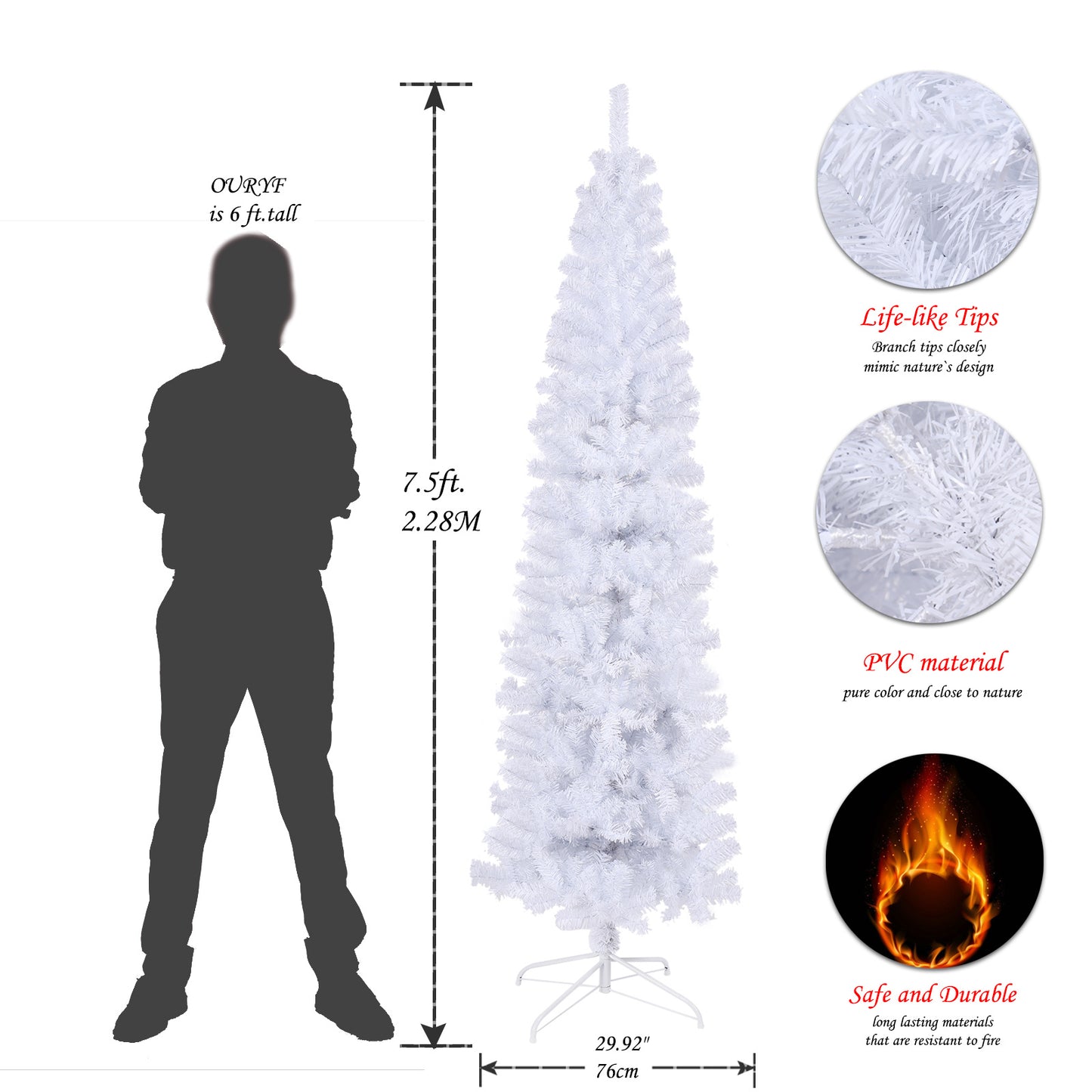 US Local 7.5 Feet White Slender Faux Christmas Tree Including Foldable Metal Stands