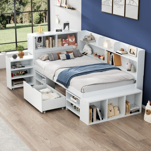 UK Local Children's Bed, Single Bed-3ft 90x190cm, Single Bed, Multifunctional Children's Bed With Drawers, Bookcase And Storage Cupboard, Large Storage Space, Slatted Frame, Without Mattress, White
