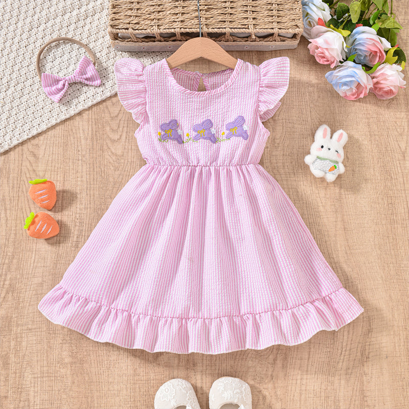 US Local Toddler Girl's Bunny Embroidered Dress, Round Neck Short Sleeve A-Line Dress With Back Button Closure