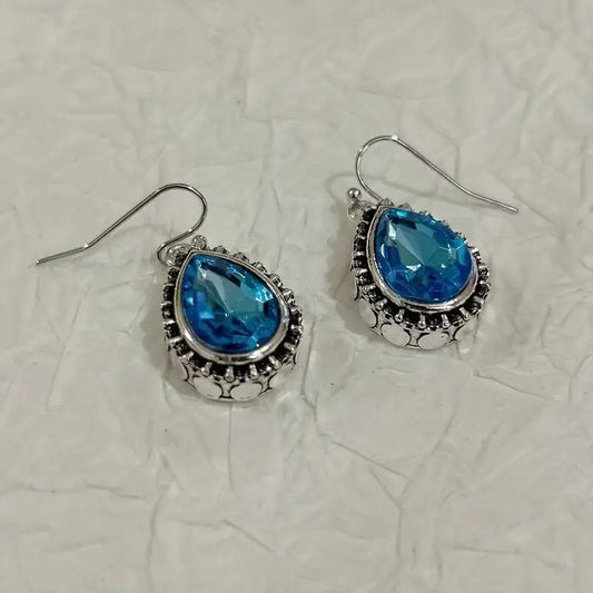 Retro Style Personalized Drop-shaped Blue Gem Inlaid Earrings
