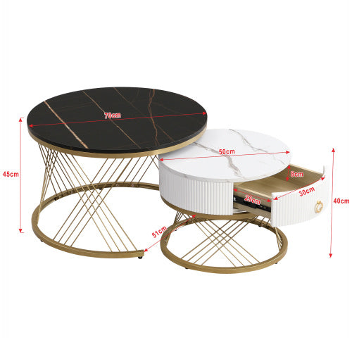 UK Local Elegant Nesting Coffee Table Marble Look Gold Decor,Side Table With Drawers Set Of 2