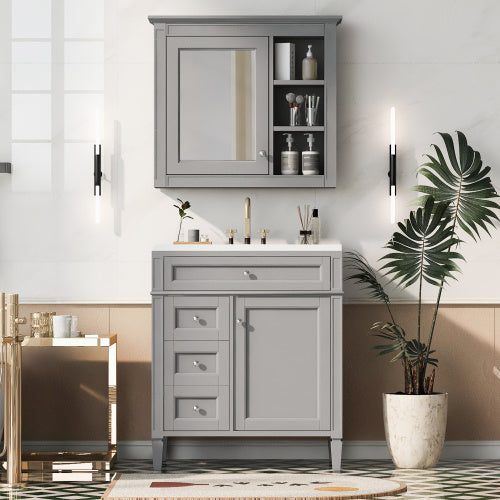 US Local 30'' Bathroom Vanity With Top Sink, Modern Bathroom Storage Cabinet With 2 Drawers And A Tip-out Drawer, Freestanding Vanity Set With Mirror Cabinet, Single Sink Bathroom Vanity