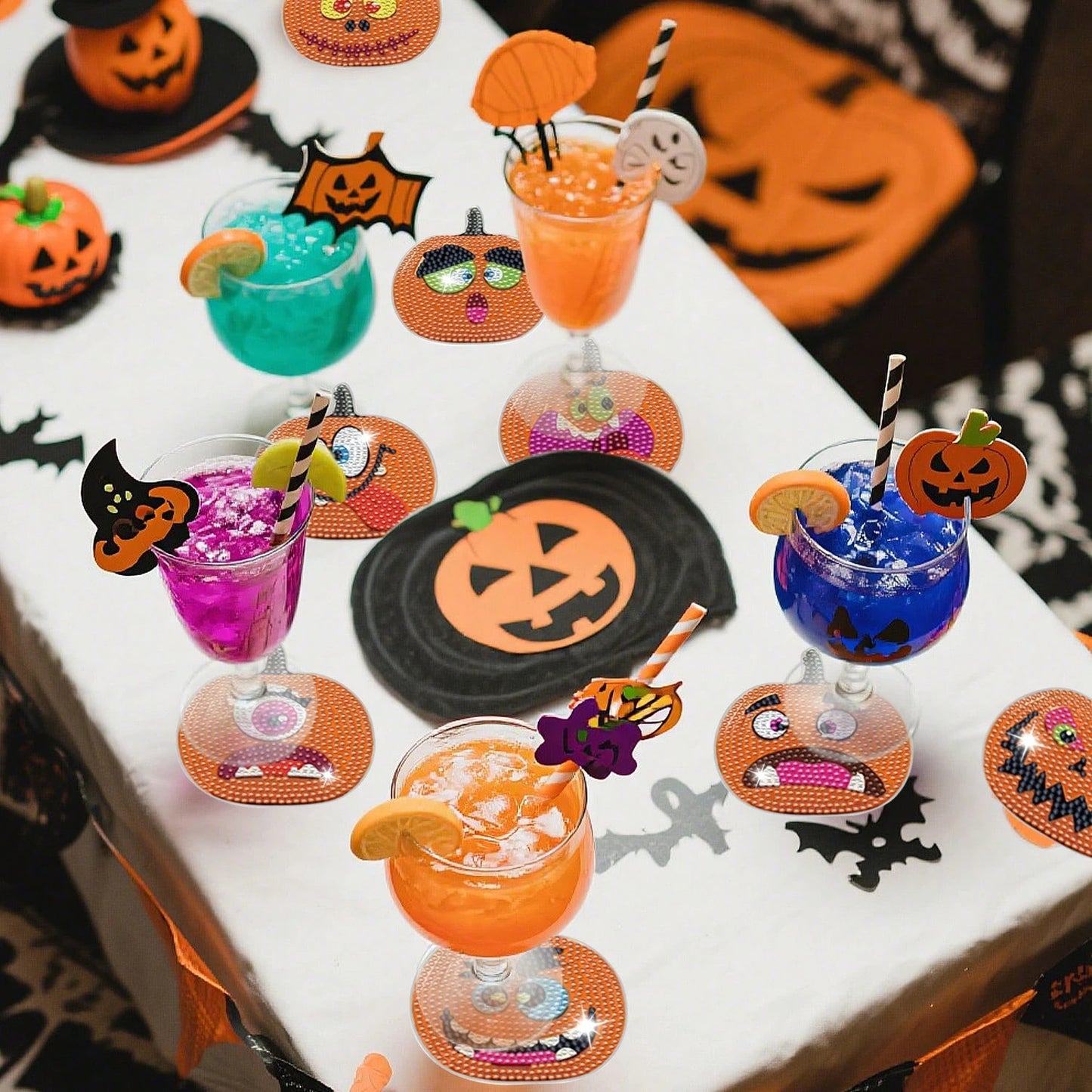 8 Pcs Halloween Pumpkin Diamond Art Coasters With Holder Cartoon Pumpkin Diamond Painting Coasters Autumn DIY Painting Kit Orange Crafts For Thanksgiving Gift