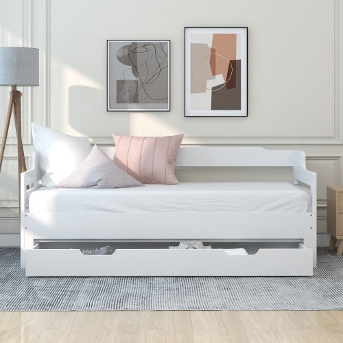 UK Local Daybed, Trundle And Drawer, Cabin Bed, SIngle Guest Bed Sofa Bed, Pull Out Trundle And Storage Drawer For Living Room And Bedroom - 3 90 X190 Cm - White