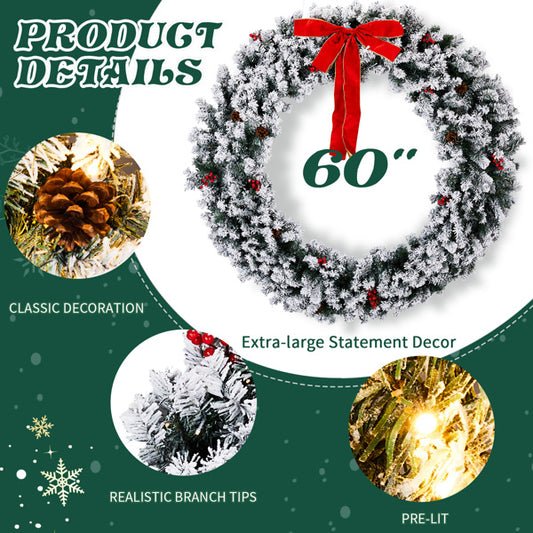 US Local 60in Pre-lit Snow Flocked Christmas Wreath, Lighted Artificial Xmas Wreath With 220 Warm White Lights And 600 PVC Tips And DIY Ornaments, For Front Door Gate Wall Xmas Party Decorations, Snowy Green