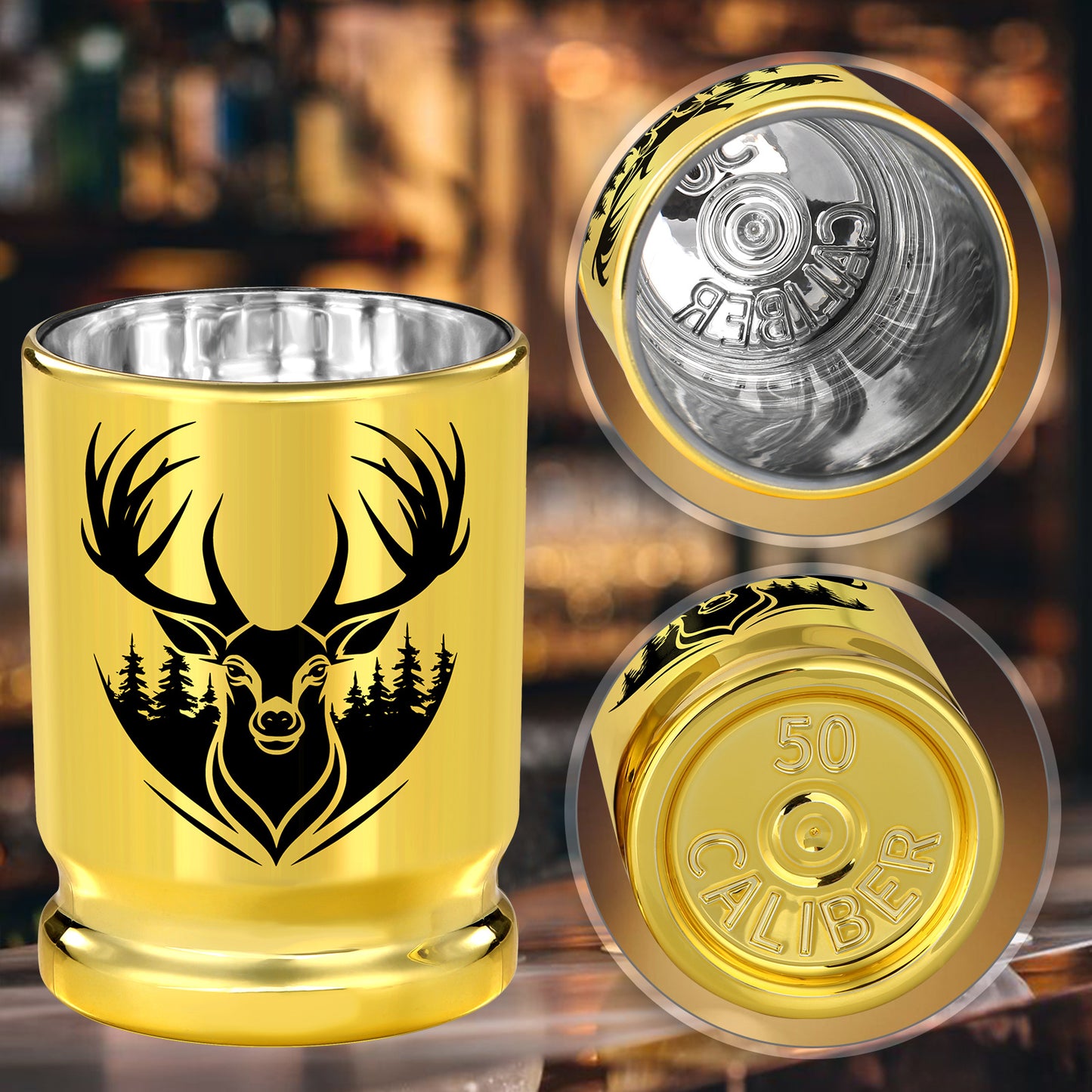 US Local 2 pcs 50 Caliber Deer Head Golden Plastic Wine Glasses With Gift Box - Leak Proof, Reusable - Stylish Animal Print Design, Suitable For Whiskey, Tequila, Etc
