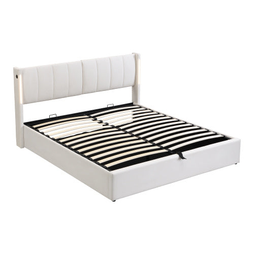 UK Local LED Upholstered Bed ,King Size Bed-5ft150x200cm, Hydraulic Bed, Rechargeable USB Port In Bed, With LED Lighting, With Storage Space, Adjustable Headboard, PU , White