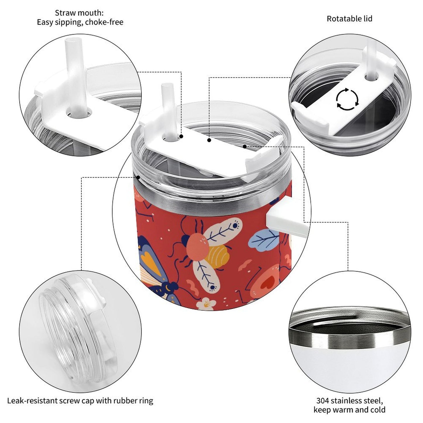 PHDT00511 POD US Local Tumbler 40oz Large Capacity Car Cup Red Retro, Butterfly, Flower, Insect