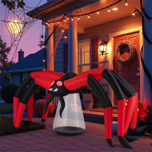 10ft Wide 5ft Tall Giant Halloween Inflatable Spider - LED Head Light 2 Red Eye Tunnel Lights, Black Red Color