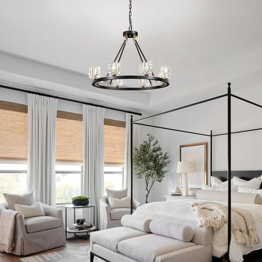 US Local Black Wagon Wheel Chandelier, 8-Light Farmhouse Crystal Chandeleirs With Adjustable Height,Ceiling Hanging Light Fixture Pendant Lights For Living Room,Bedroom,Kitchen Island,Dining Room,Bedroom