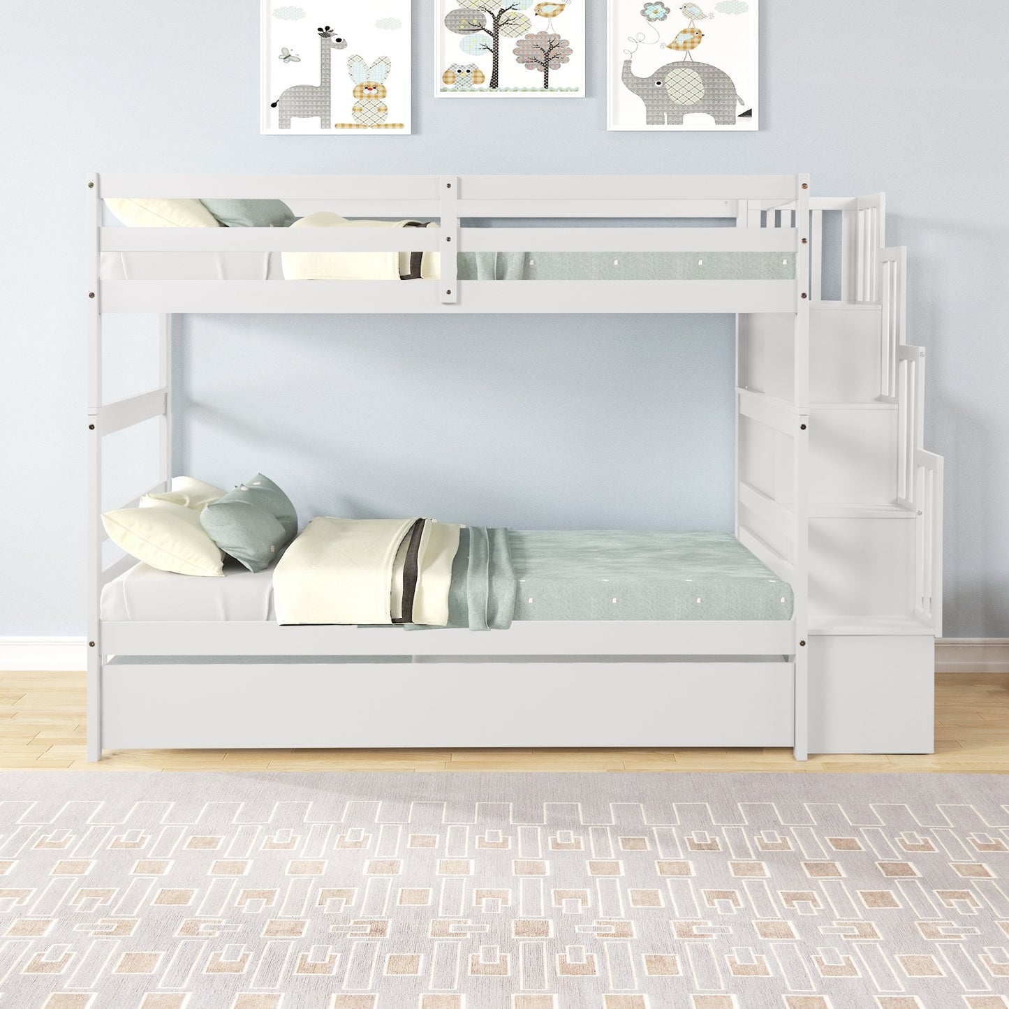 US Local Twin Bunk Beds With Trundle & Stairway Storage In White