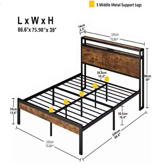 US Local King Size Metal Platform Bed Frame With Wooden Headboard And Footboard With USB LINER