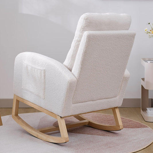 US Local Modern Accent Rocking Chair Rocking Chair With Solid Wood Legs, Upholstered Nursery Glider Rocker, Comfy Armchair With Side Pocket, Living Room Lounge Arm Chair With High Backrest